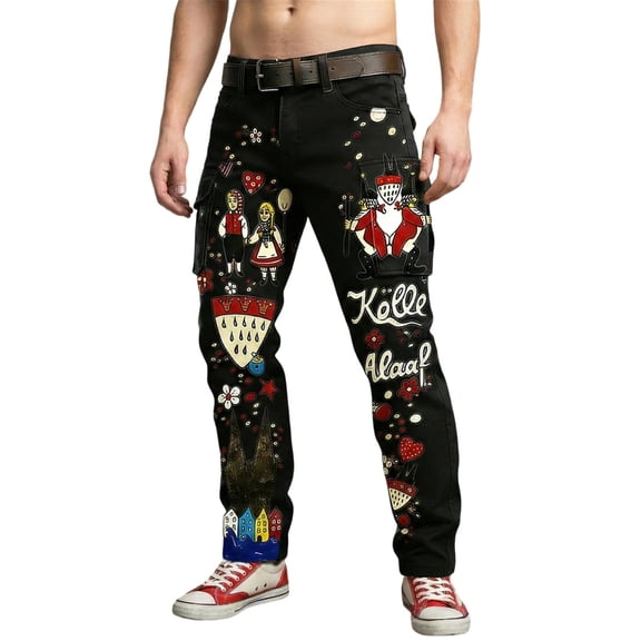 XIAONU Mens Fun Print Cargo Pants Slim Fit Full Length Belted Waist Trousers Bold Whimsical Parade Bottoms