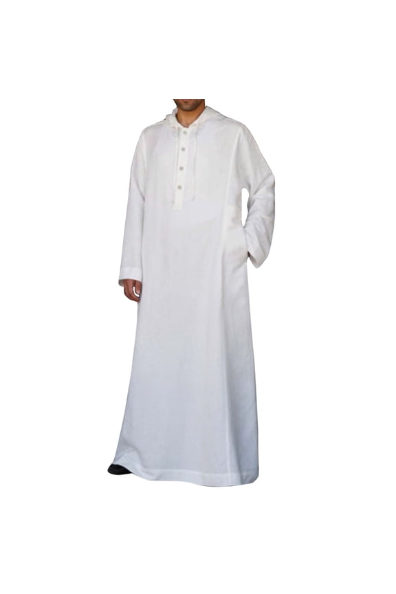 Mens Hooded Thobe Long Sleeve Half Button Pocket Thobe Breathable Modest Casual Prayer Daily Wear Robes