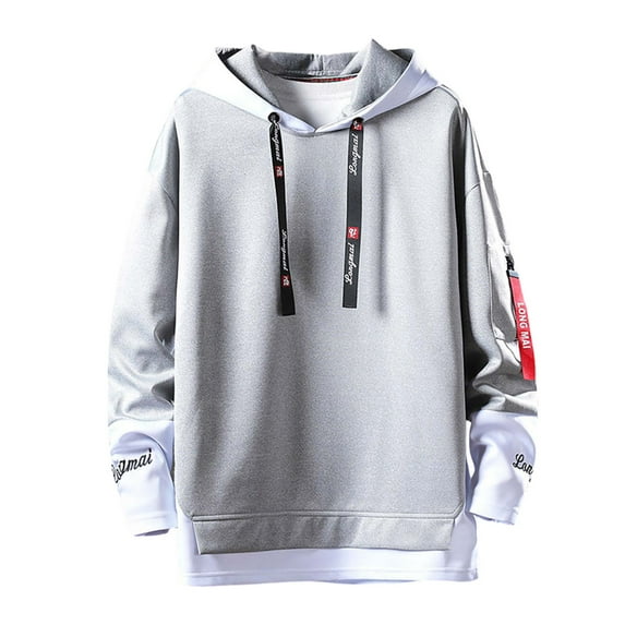 XIAONU Mens Hoodies False Two-Piece Comfortable Drawstring Hooded Sweatshirt Color-Blocked Casual Long-Sleeve Pullover Hoodie