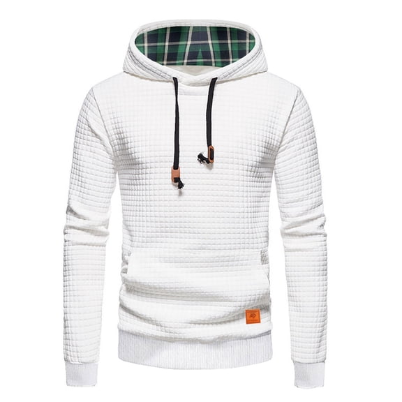 XIAONU Mens Hoodies Grid Jacquard Hooded Long Sleeve Hooded Sweatshirt Winter Trendy Warm Pullover Hoodie Sweatshirt