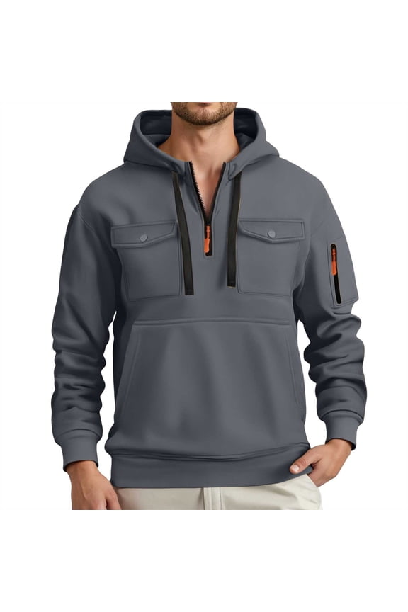Mens Hoodies Half Zipper Drawsting Hooded Sweatshirts Kangaroo Pocket Long Sleeves Casual Pullover Hoodie