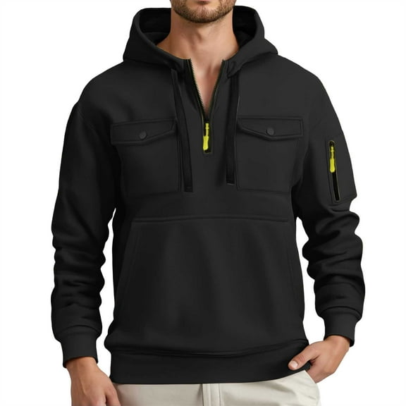 XIAONU Mens Hoodies Half Zipper Drawsting Hooded Sweatshirts Kangaroo Pocket Long Sleeves Casual Pullover Hoodie