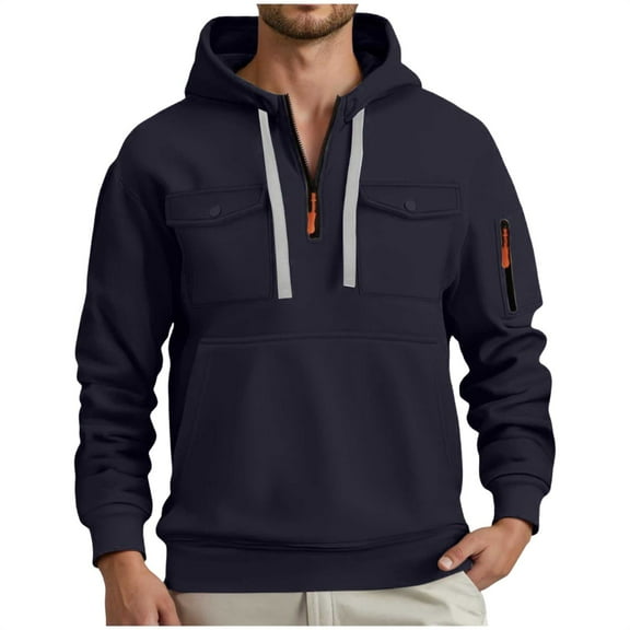 XIAONU Mens Hoodies Half Zipper Drawsting Hooded Sweatshirts Kangaroo Pocket Long Sleeves Casual Pullover Hoodie