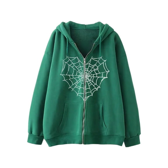 XIAONU Mens Hoodies Halloween Spider Web Print Zip Up Hooded Sweatshirt Loose Long Sleeve Drawstring Hooded Sweater