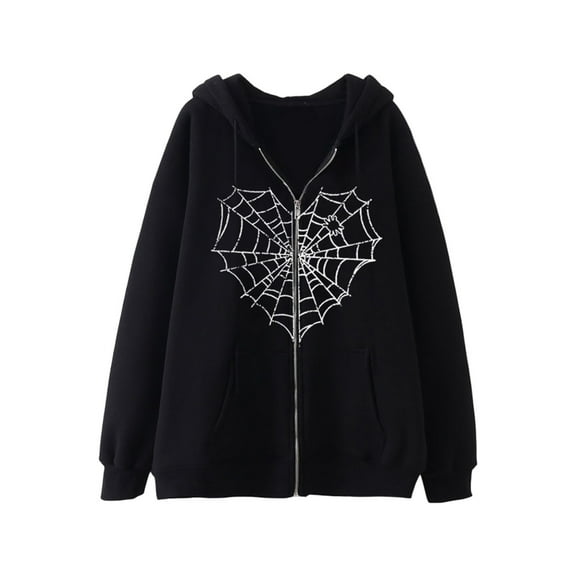 XIAONU Mens Hoodies Halloween Spider Web Print Zip Up Hooded Sweatshirt Loose Long Sleeve Drawstring Hooded Sweater