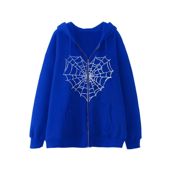 XIAONU Mens Hoodies Halloween Spider Web Print Zip Up Hooded Sweatshirt Loose Long Sleeve Drawstring Hooded Sweater