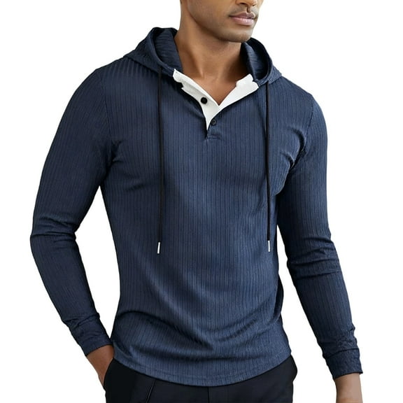 XIAONU Mens Hoodies Ribbed Button V Neck Long Sleeve Hooded Sweatshirt Solid Color Vintage Slim Fit Pullover Drawstring Hoodie Top