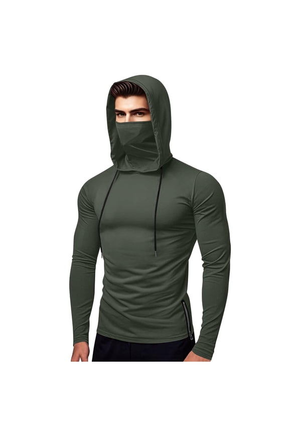 Mens Hoodies Slim Fit Hooded Face Covering Sweatshirt Men Solid Color Long-Sleeve Trendy Pullover Hoodie