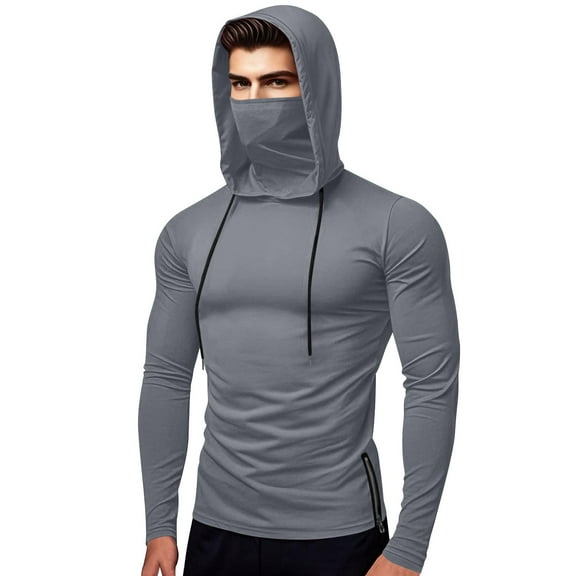 XIAONU Mens Hoodies Slim Fit Hooded Face Covering Sweatshirt Men Solid Color Long-Sleeve Trendy Pullover Hoodie