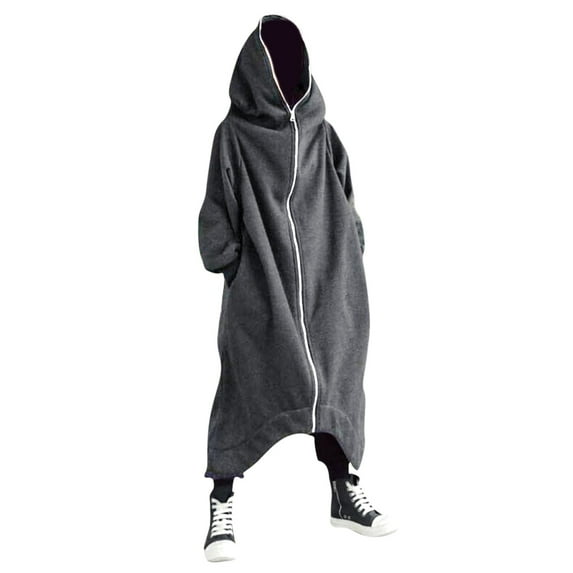 XIAONU Mens Hoodies Solid Color Personality Dark Style Hooded Jacket Full Body Long Sleeved Zipper Long Hooded Sweater Outerwear