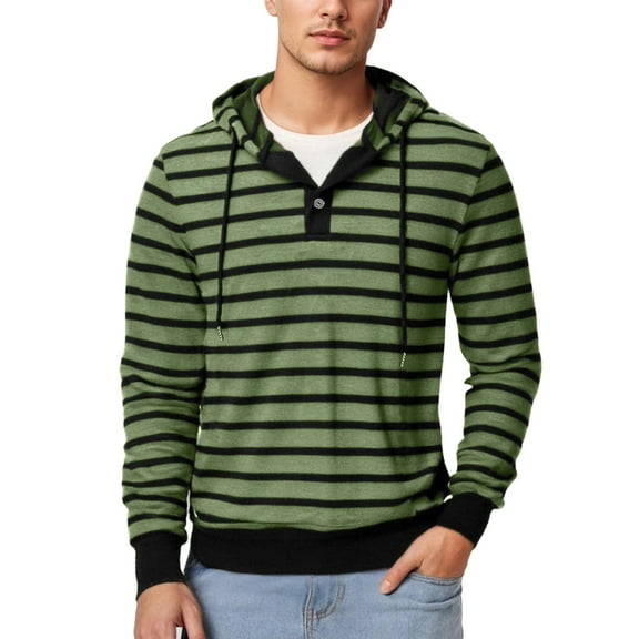 XIAONU Mens Hoodies Trendy Striped Print Drawstring Button Hoodie Loose Long-Sleeved Pullover Hooded Sweatshirt