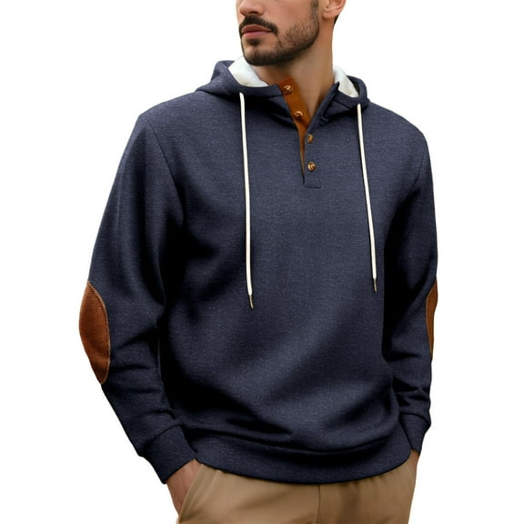 XIAONU Mens Hoodies Vintage Button V Neck Pullover Hooded Sweatshirts Contrast Elbow Patches Long Sleeve Oversized Streetwear Top Blue XL