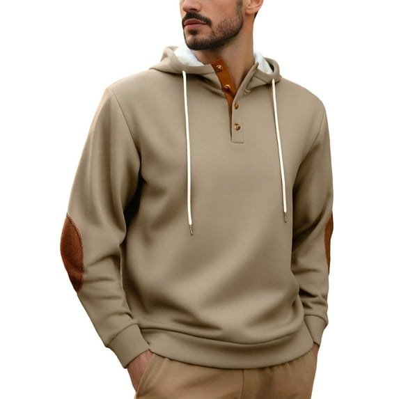 XIAONU Mens Hoodies Vintage Button V Neck Pullover Hooded Sweatshirts Contrast Elbow Patches Long Sleeve Oversized Streetwear Top Brown S