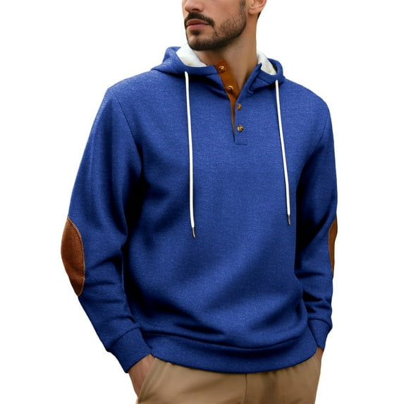 XIAONU Mens Hoodies Vintage Button V Neck Pullover Hooded Sweatshirts Contrast Elbow Patches Long Sleeve Oversized Streetwear Top Blue L