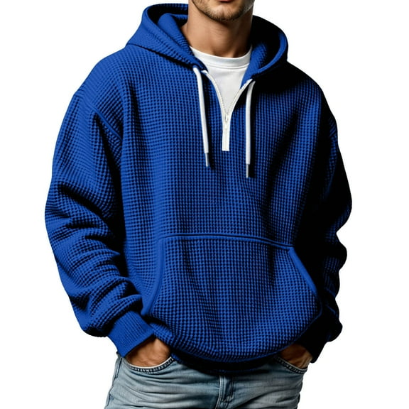 XIAONU Mens Hoodies Waffle Knit Half-Zip Drawstring Hooded Sweatshirts Loose Fit Long Sleeve Solid Color Oversized Streetwear Blue XXXXL