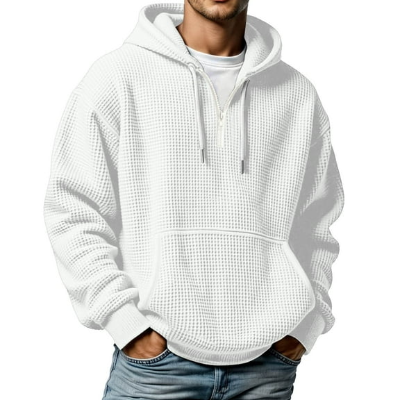 XIAONU Mens Hoodies Waffle Knit Half-Zip Drawstring Hooded Sweatshirts Loose Fit Long Sleeve Solid Color Oversized Streetwear White M