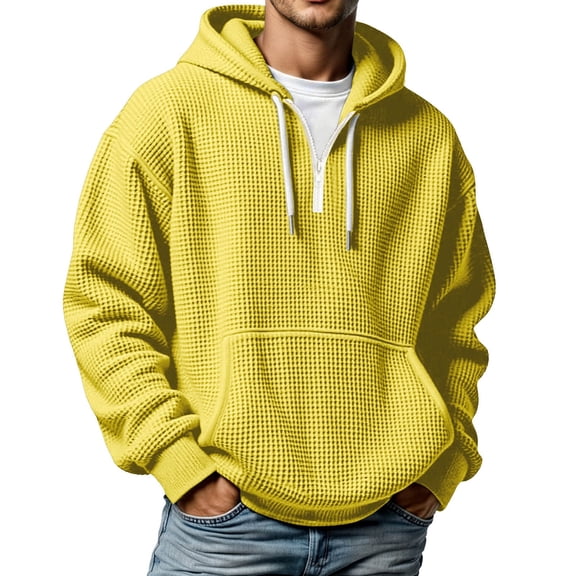 XIAONU Mens Hoodies Waffle Knit Half-Zip Drawstring Hooded Sweatshirts Loose Fit Long Sleeve Solid Color Oversized Streetwear Yellow XL