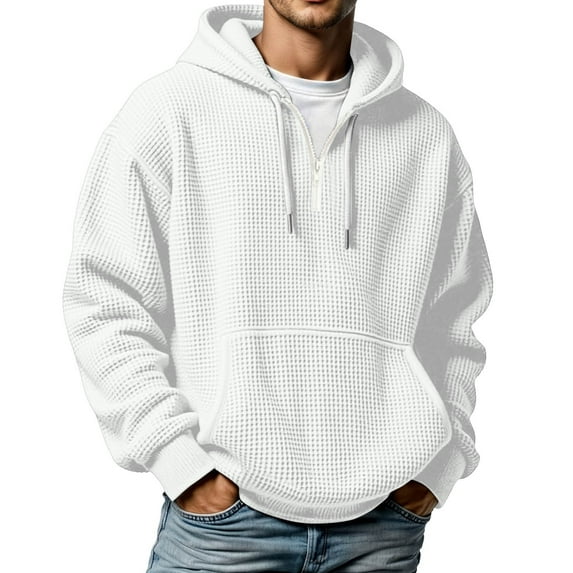 XIAONU Mens Hoodies Waffle Knit Half-Zip Drawstring Hooded Sweatshirts Loose Fit Long Sleeve Solid Color Oversized Streetwear