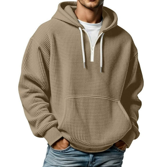 XIAONU Mens Hoodies Waffle Knit Half-Zip Drawstring Hooded Sweatshirts Loose Fit Long Sleeve Solid Color Oversized Streetwear
