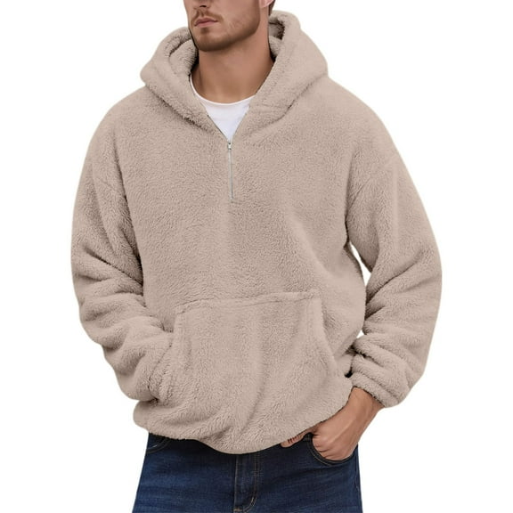 XIAONU Mens Hoodies Winter Warm Half Zip Pullover Hooded Sweatshirt Long Sleeve Solid Color Kangaroo Pocket Loose Hooded