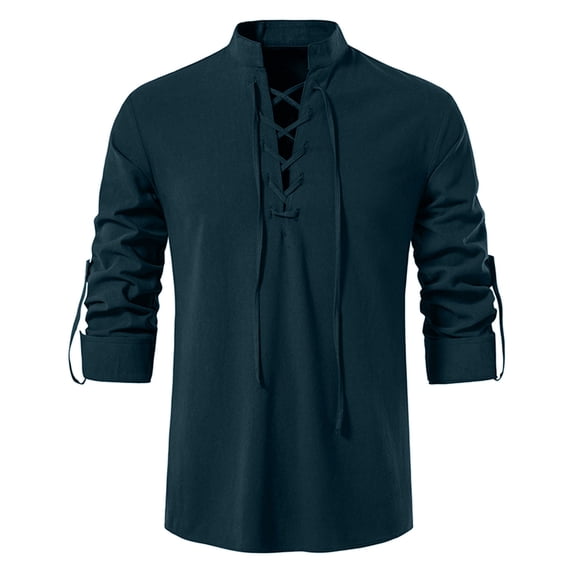 XIAONU Mens Lace Up Medieval Shirt Regular Fit Long Sleeve Stand Collar Pirate Shirt Solid Color Lightweight Casual Renaissance Shirts