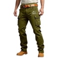 thumbnail image 1 of XIAONU Mens Letter Embroidered Cargo Pants Relaxed Fit Full Length Belted Trousers Breathable Edgy Western Bottoms, 1 of 5