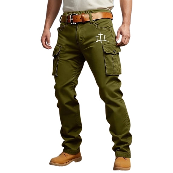 XIAONU Mens Letter Embroidered Cargo Pants Relaxed Fit Full Length Belted Trousers Breathable Edgy Western Bottoms