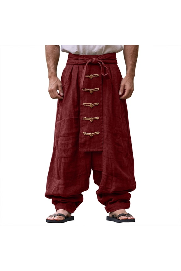 Mens Linen Blend Harem Pants Chinese Style Frog Button Baggy Trousers For Casual Streetwear