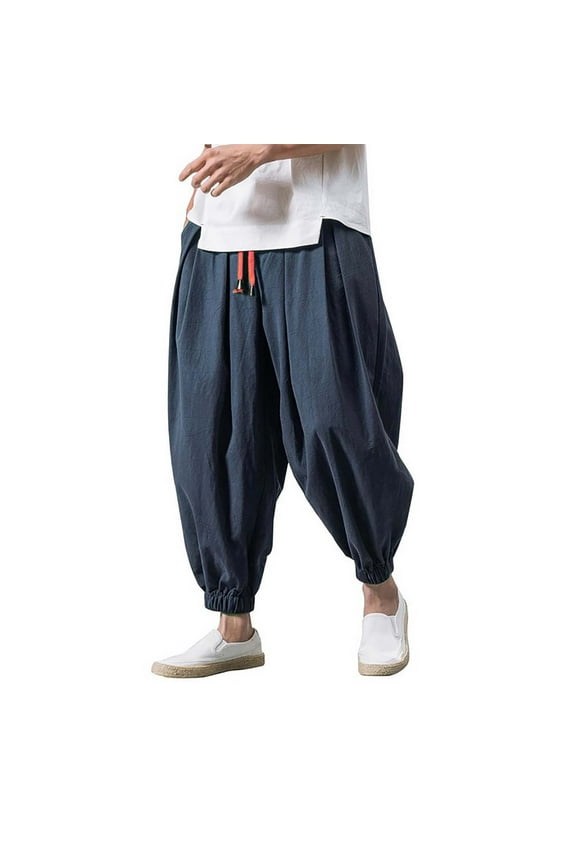Mens Linen Blend Harem Pants Elastic Waist Baggy Cropped Trousers For Casual Daily Wear