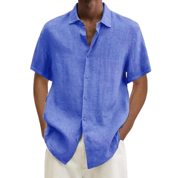 XIAONU Mens Linen Button Down Shirt Loose Short Sleeve Collared Button Up Top Lightweight Casual Resort Shirts