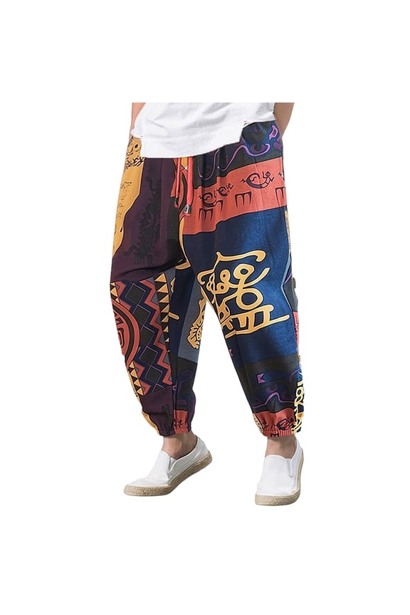 Mens Loose Fit Ethnic Print Drawstring Harem Pants Casual Daily Street Trousers