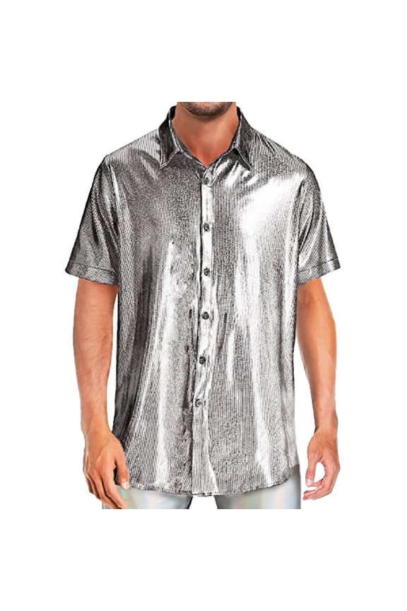 Mens Metallic Shiny Button Up Shirt Short Sleeve Collared Pullover Blouse Lightweight Disco Party Night Out Tops