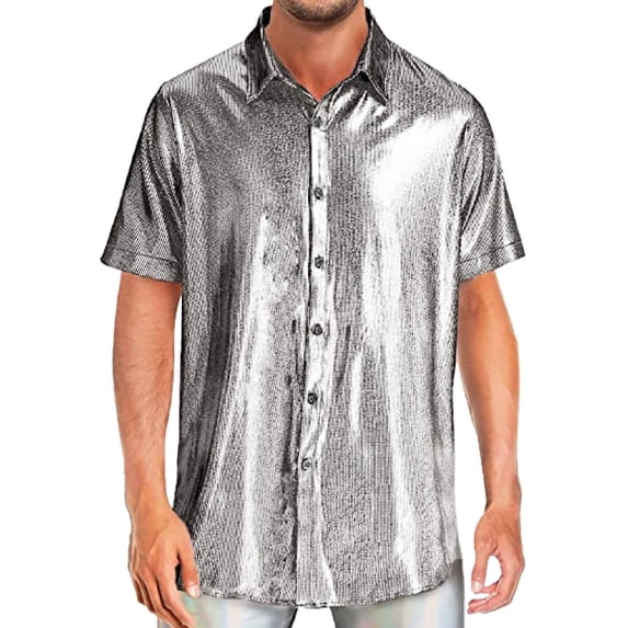 XIAONU Mens Metallic Shiny Button Up Shirt Short Sleeve Collared Pullover Blouse Lightweight Disco Party Night Out Tops