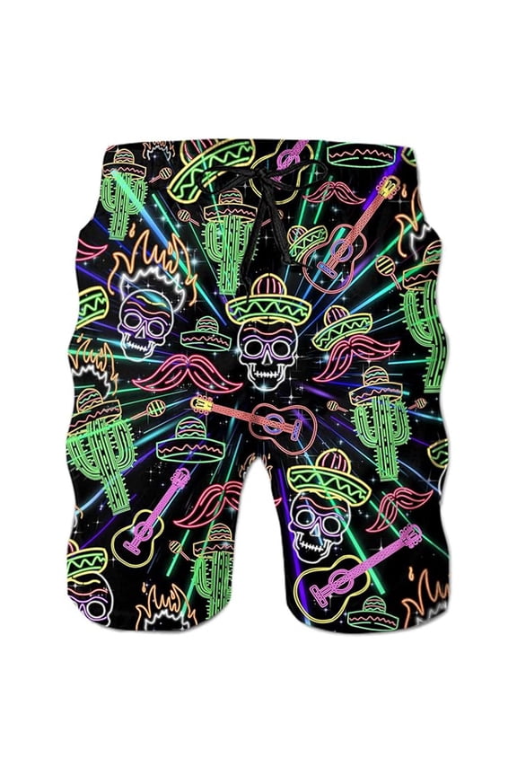 Mens Neon Sugar Skull Print Short Relaxed Fit High Waisted Drawstring Mid Thigh Board Short Vibrant Festive Beach Shorts