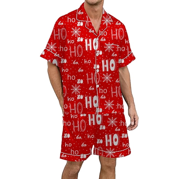 XIAONU Mens Pajamas Set Christmas Tree Letter Print Festive Loungewear Lapel Short Sleeve Top And Elastic Waist Shorts Sleepwear