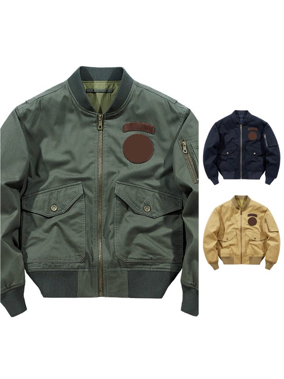 Mens Patch Pocket Bomber Jacket Regular Stand Collar Outdoor Travel Zip Up Outer Coat