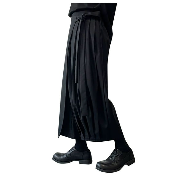 XIAONU Mens Pleated Hakama Pants Tie Waist Ankle Length Pants Flowy Avant Garde Casual Pants