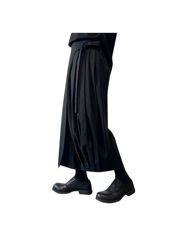 Mens Pleated Hakama Pants Tie Waist Ankle Length Pants Flowy Avant Garde Casual Pants