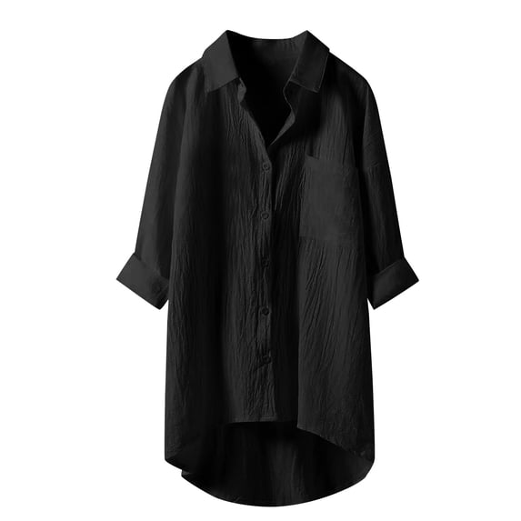 XIAONU Mens Pocketed Textured Oversized Shirt 3/4 Sleeves Collared Button Down Top Airy Minimalist Daily Shirts