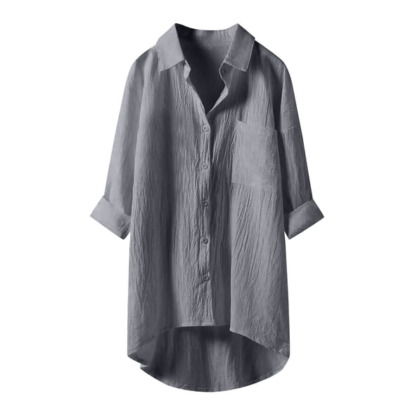 XIAONU Mens Pocketed Textured Oversized Shirt 3/4 Sleeves Collared Button Down Top Airy Minimalist Daily Shirts