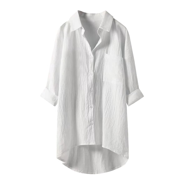 XIAONU Mens Pocketed Textured Oversized Shirt 3/4 Sleeves Collared Button Down Top Airy Minimalist Daily Shirts