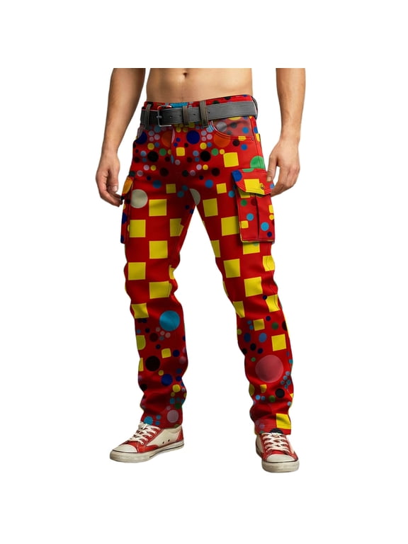 Mens Polka Dot Check Print Pants Relaxed Full Length Belted Trousers Breathable Casual Street Bottoms