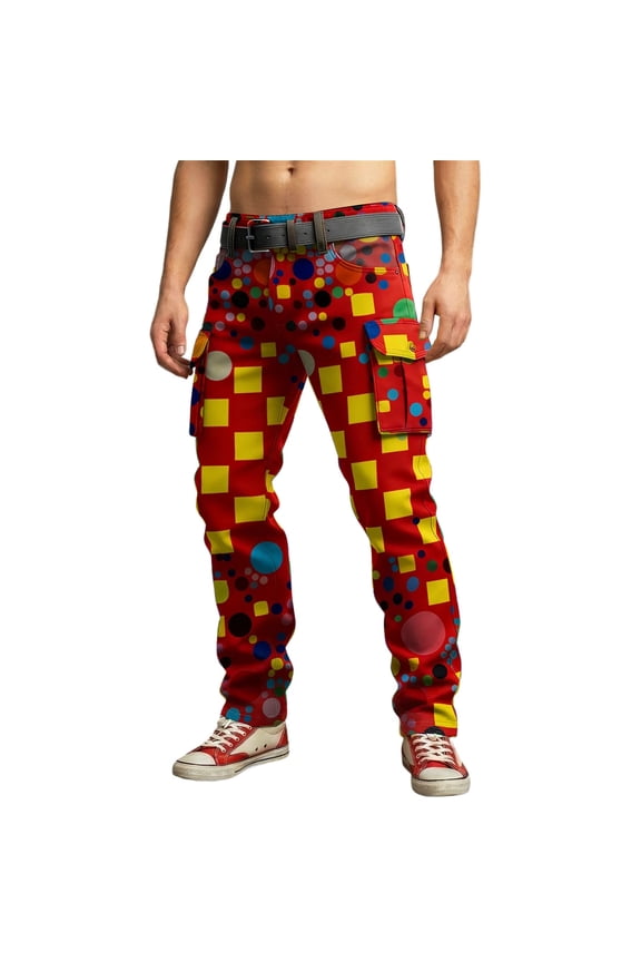 Mens Polka Dot Check Print Pants Relaxed Full Length Belted Trousers Breathable Casual Street Bottoms