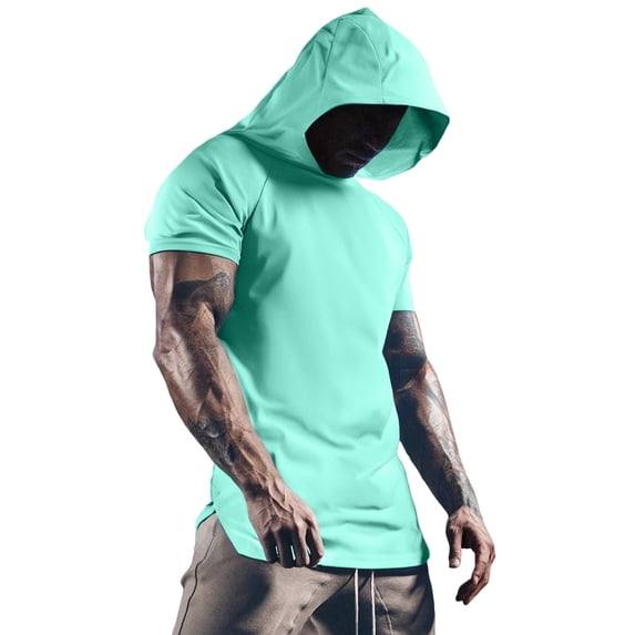 XIAONU Mens Raglan Sleeve Hooded Tee Fitted Short Sleeve Hooded Pullover Shirt Quickdry Athletic Gym Tees