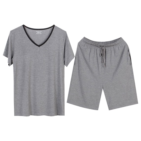 XIAONU Mens Relaxed-Fit V-Neck Everyday Pajama Set Short-Sleeve Casual Daily Bedtime Sleepwear