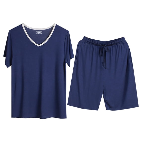XIAONU Mens Relaxed-Fit V-Neck Everyday Pajama Set Short-Sleeve Casual Daily Bedtime Sleepwear