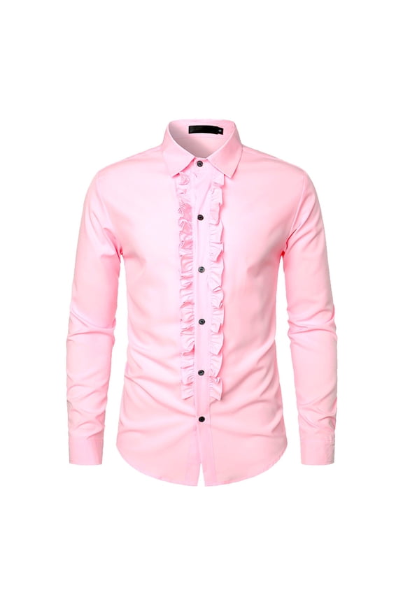 Mens Ruffle Placket Shirt Long Sleeve Point Collar Button Down Shirt Slim Fit Gothic formal Shirts