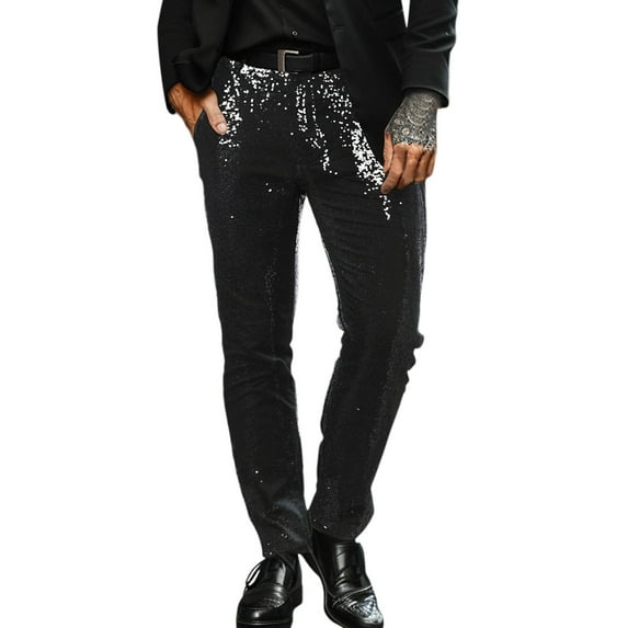 XIAONU Mens Sequined Dress Pants Slim Fit Formal Work Trousers Business Straight Leg Pants With Pockets