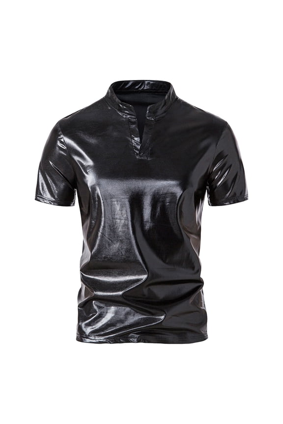 Mens Shiny Metallic T Shirts Mandarin Collar Split Neck Tee Slim Fit Nightclub Party Top