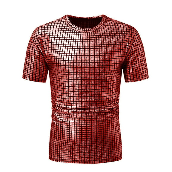 XIAONU Mens Short-Sleeve Grid-Print Shiny T-Shirt Slim-Fit Party Top Eye-Catching Club Festival Nightwear